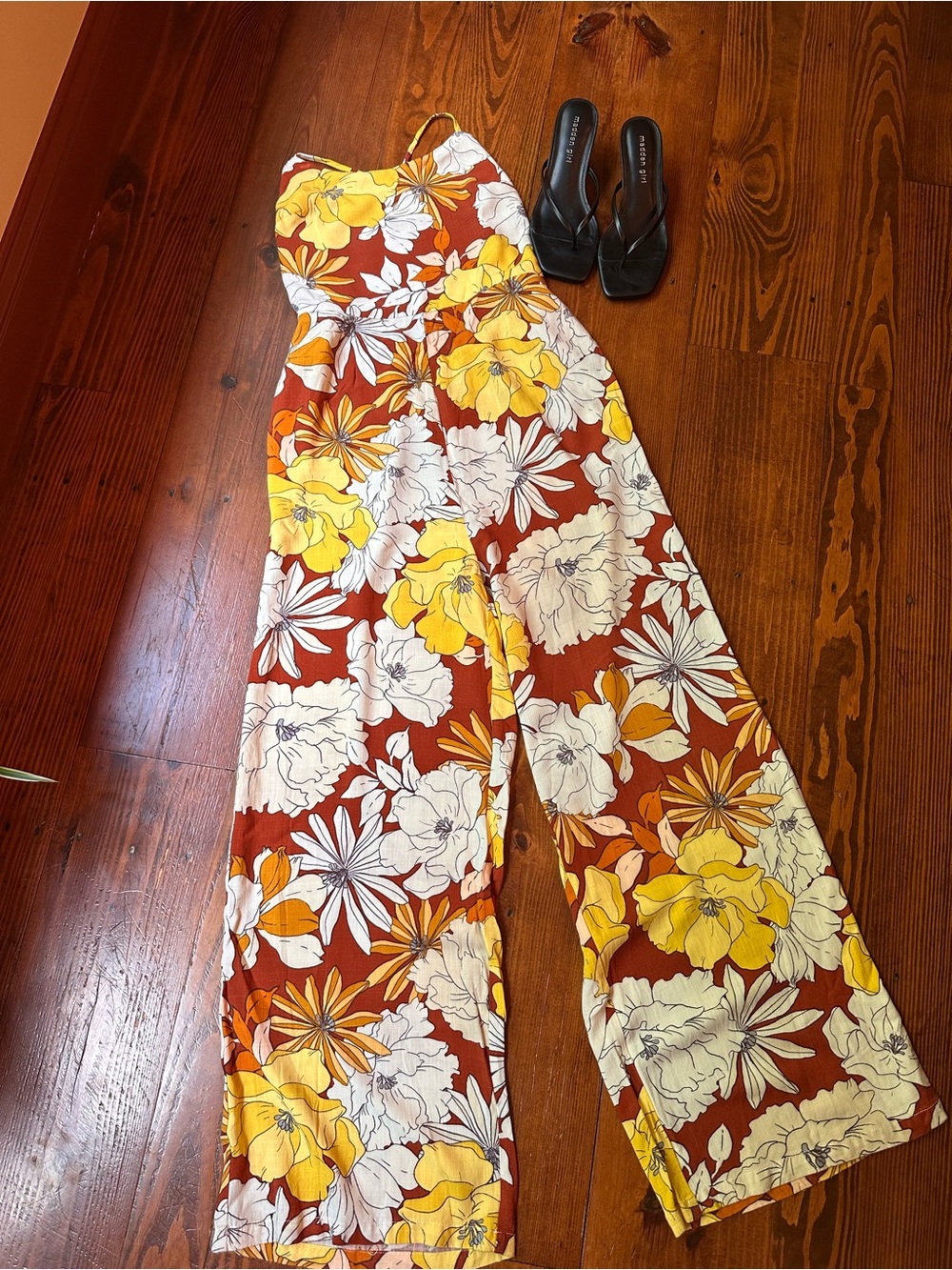 Floral Spaghetti-Strap Wide-Leg Jumpsuit - Brown & Yellow - Picture 3 of 7